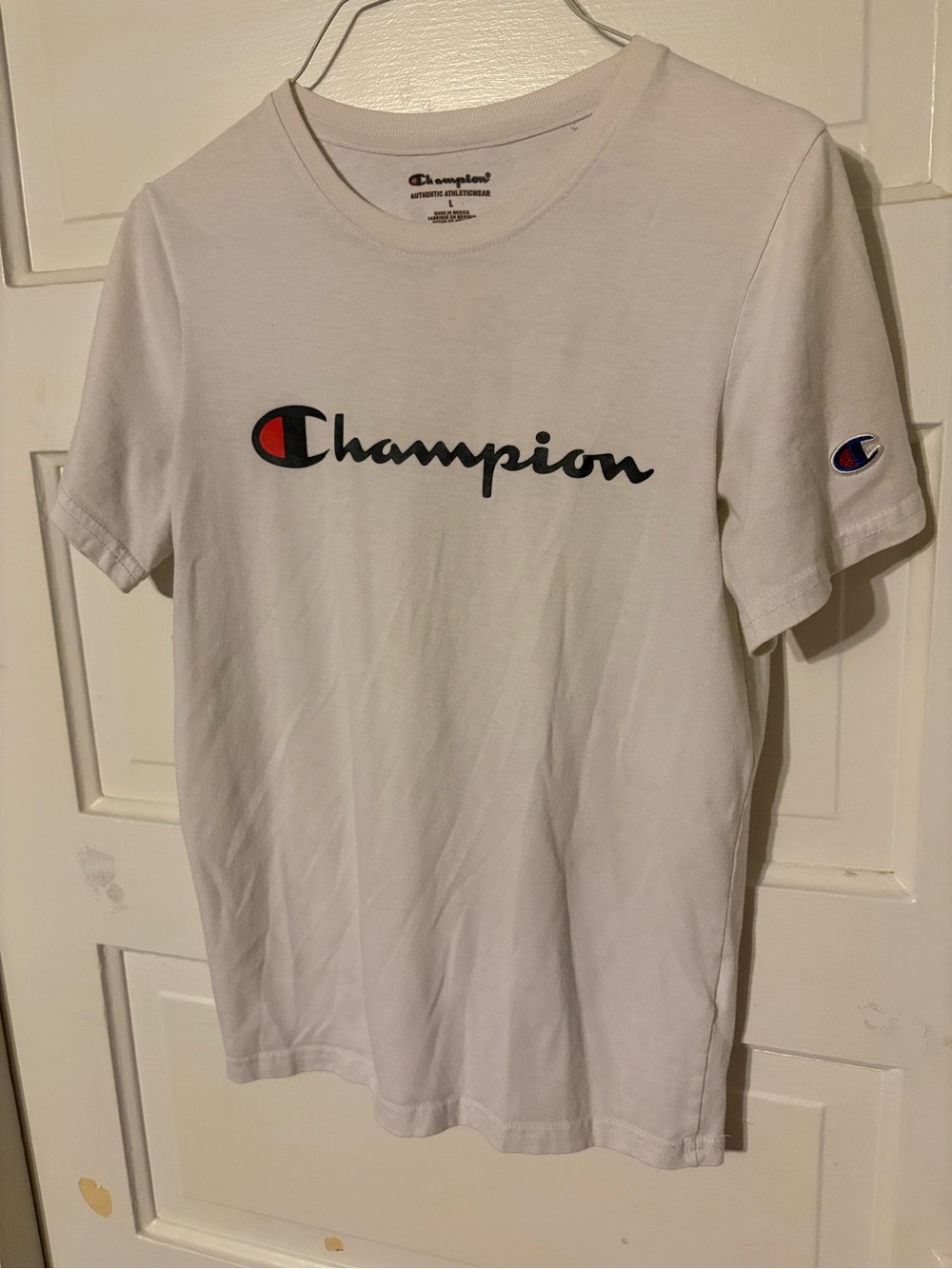 Champion White Tee with Black and Red Script Logo